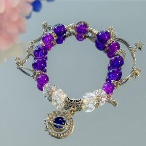 Purple Beaded Charm Bracelet with Planet Charm